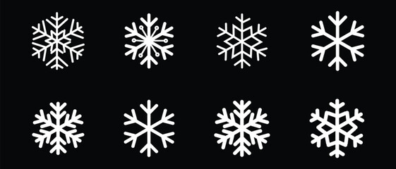 Snowflakes icons, vector, symbol design on black background. Snow icon, vector. Set of snowflakes icon design for app, website, logo. Vector illustration.