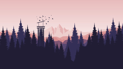 morning mountain view with pine forest silhouette flat design vector illustration good for presentation, advertising, ads, business, wallpaper, backdrop, background, and web banner