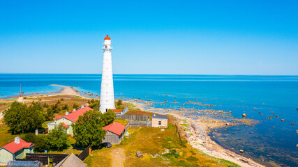 Aerial photo from drone to Tahkuna Lighthouse, Hiiumaa island, Estonia 