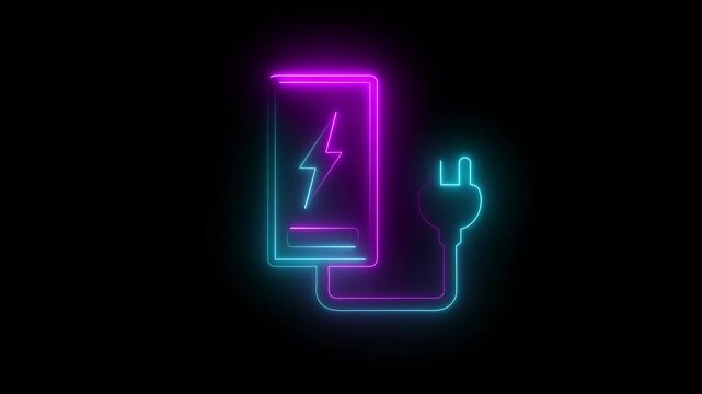 Neon charge battery sign with electric plug. Glowing neon line Electric car icon. Electrical cable plug charging symbol.