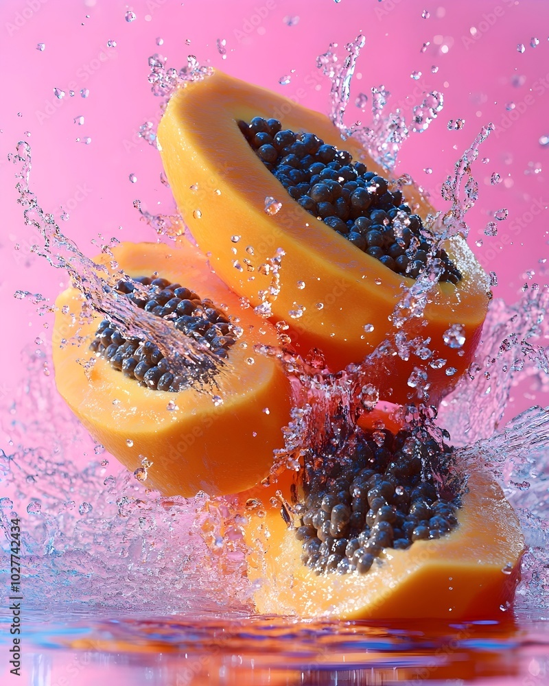 Poster fresh papaya slices splashing into water, creating a vibrant and refreshing scene.