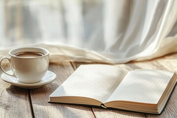 A cozy scene featuring a cup of coffee beside an open notebook, illuminated by natural light through a curtain.