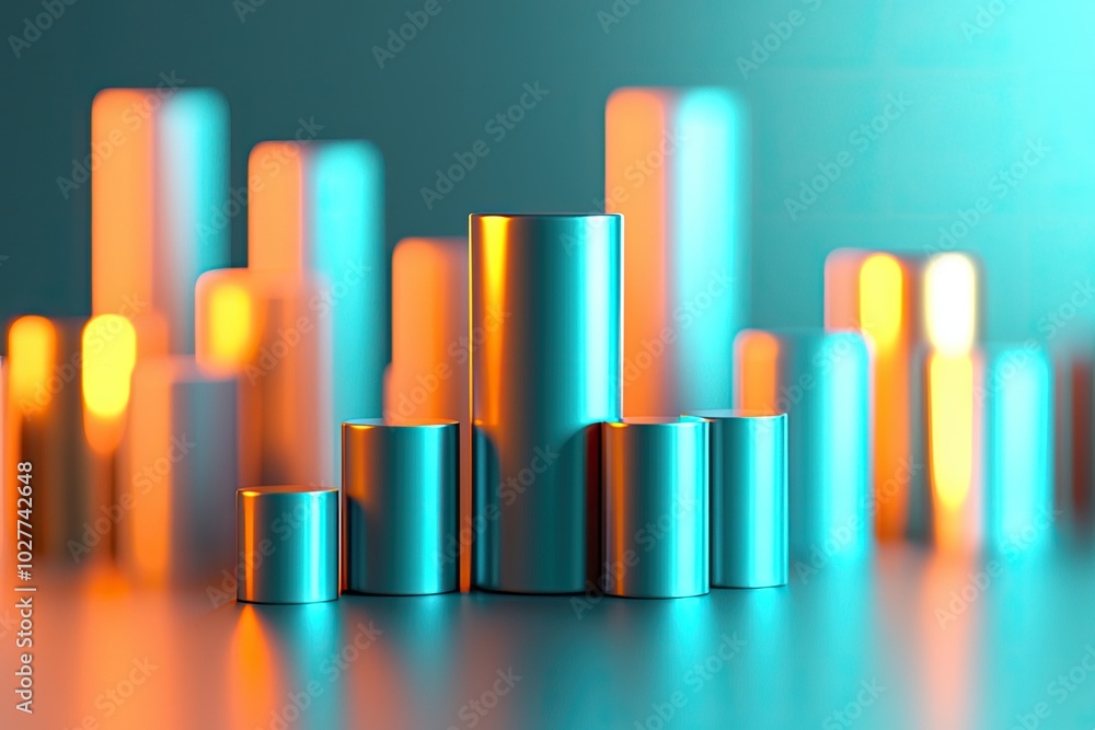 Wall mural abstract representation of data growth with metallic cylinders featuring vibrant gradient colors and