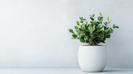 Fototapeta premium A green plant in a classic white ceramic pot with a clean, soft background, representing modern design and elegance