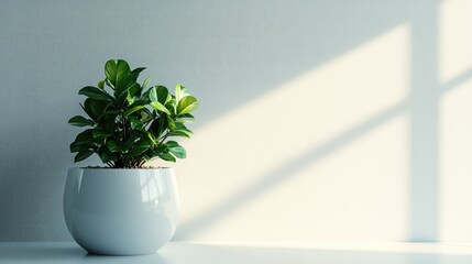 Fototapeta premium A green plant in a classic white ceramic pot with a clean, soft background, representing modern design and elegance