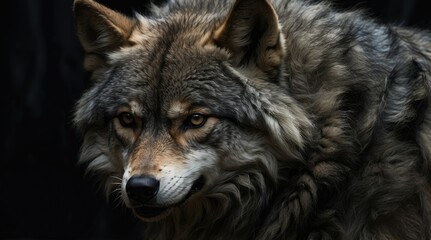 Obraz premium A silhouetted figure of a wolf with a dense, fluffy coat stands against a dark background
