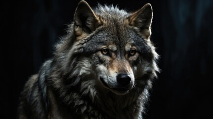 Fototapeta premium A silhouetted figure of a wolf with a dense, fluffy coat stands against a dark background