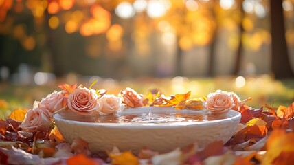 Autumn Theme Web Banner with Red and Yellow Leaves and Bokeh Effect