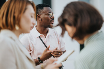A diverse business team engaging in a conversation outdoors, showcasing collaboration and teamwork. Ideal for concepts of diversity, communication, and professional interaction.
