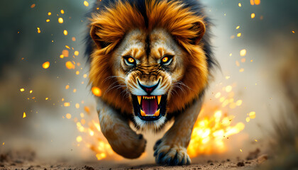Fototapeta premium a full-grown lion with open mouth walks through fire