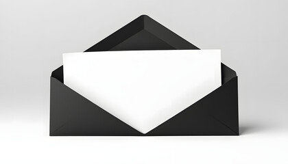 Opened black paper envelope mockup with paper sheet isolated on a transparent background, PNG. High resolution isolated with white highlights, png