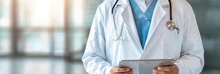 Medical professional holding a tablet in a modern hospital setting, symbolizing healthcare technology and expertise.