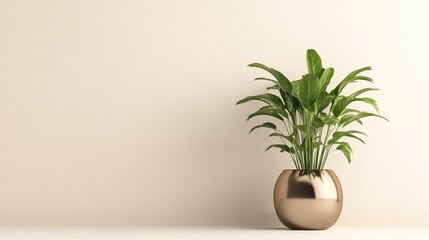 A green plant in a sleek, metallic pot with a clean, neutral background, showcasing contemporary home decor