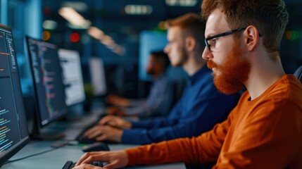 Focused software developers working at computers in a modern office environment, coding and collaborating on technical projects.