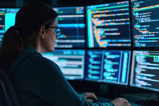 Focused software developer working at a multi-monitor setup, coding and analyzing data on screens in a dark office environment.