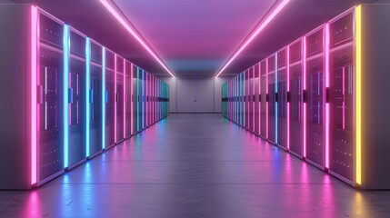 Futuristic server room with vibrant neon lights in pink and blue hues, showcasing advanced technology and modern data infrastructure.