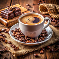 A steaming cup of coffee and chocolate squares await on a rustic table.