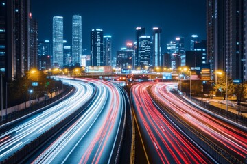 Obraz premium A long exposure shot of a highway in a city at night with tall buildings in the background.