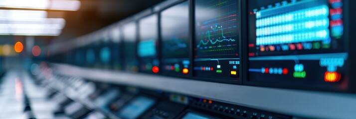Naklejka premium High-tech control room with multiple screens displaying data, charts, and graphs, showcasing modern technology and data analysis.
