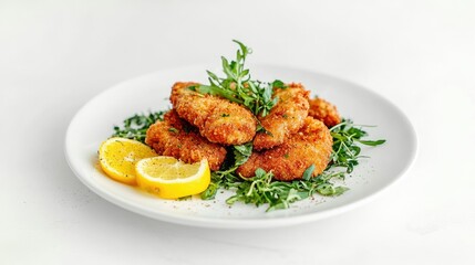 Fototapeta premium Crunchy Fried Snacks with Fresh Greens and Lemon