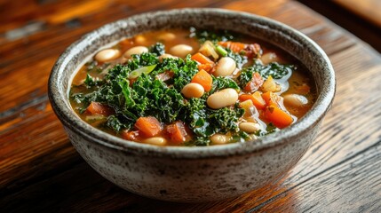 Healthy Kale and Bean Soup in Rustic Bowl