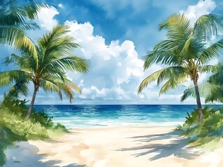 Obraz premium A picturesque view of a tropical beach with two palm trees framing a pristine white sand shore, perfect for a relaxing getaway.