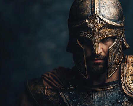 Spartan warrior on a battlefield, his face obscured by a bronze helmet, the scars of war etched into his armor