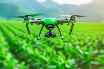 Drone monitoring a lush green agricultural field during bright daylight in a rural landscape