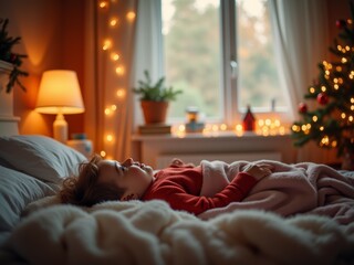 A child resting peacefully on a cozy bed in a warmly decorated room with festive lights during the winter season