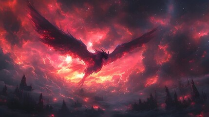 Fototapeta premium A fiery dragon soars through a sky ablaze with crimson and orange hues, casting a dramatic silhouette against the glowing clouds.
