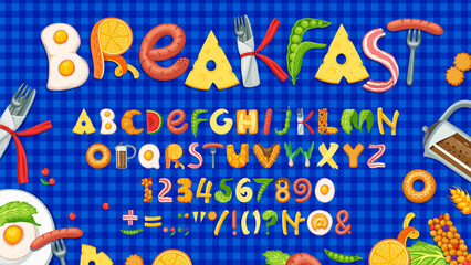 Carton breakfast food font, lunch typeface, healthy type, appetizing alphabet letters and numbers vector typography. Breakfast dishes english abc characters with sausages, eggs, coffee and croissant