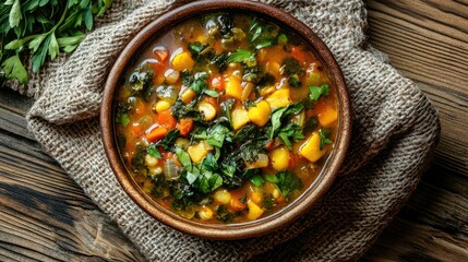 Colorful Vegetable Soup in Rustic Bowl on Wooden Table