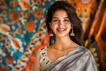 A beautiful woman wearing traditional clothing and jewelry stands smiling against a colorful fabric background. Her elegant saree and gold earrings highlight cultural fashion.