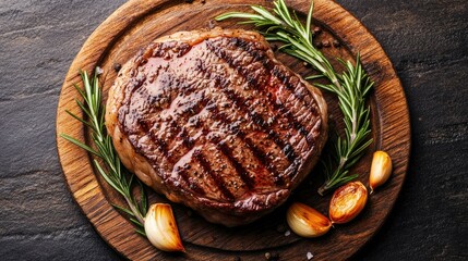 Juicy Grilled Steak on Wooden Platter with Herbs