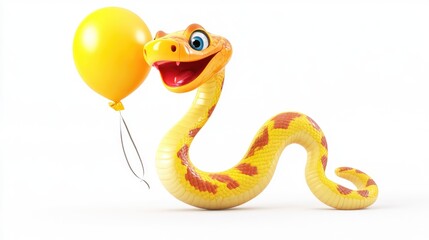 Fototapeta premium A delightful snake is soaring through the air, grasping a vibrant yellow balloon, with a big, happy grin