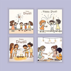 Cute Diwali Celebration Cartoon Illustration Social Media Post Design - Editable Template
