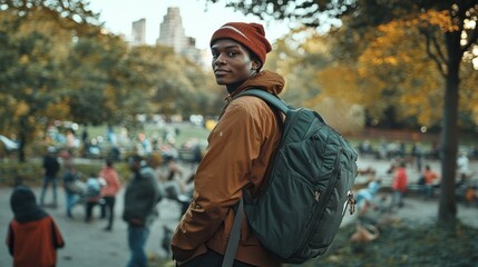 Obraz premium A young man of African descent wearing a cozy jacket and hat stands in a busy park, happily enjoying the autumn atmosphere