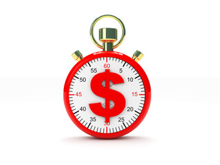 red alarm clock with dollar symbol on face. Time is money in the design of information related to business and economy. 3d render