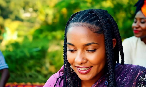Ugandan Woman Collaborating Around Laptop with Friends