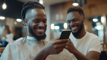 Smiling hairdresser and client watching a video on the phone, hairdressing salon background with soft warm lighting, modern tools and mirrors, relaxed and friendly mood.
