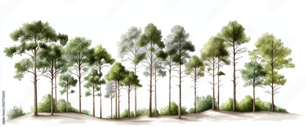 Aufkleber an illustration of forest trees drawn by hand, not using computer tools. patterns of forest spruce a