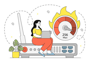 Woman with internet speed. Young girl sitting on router with fast connection. Modern technologies and innovations. Internet speedometer. Linear vector illustration