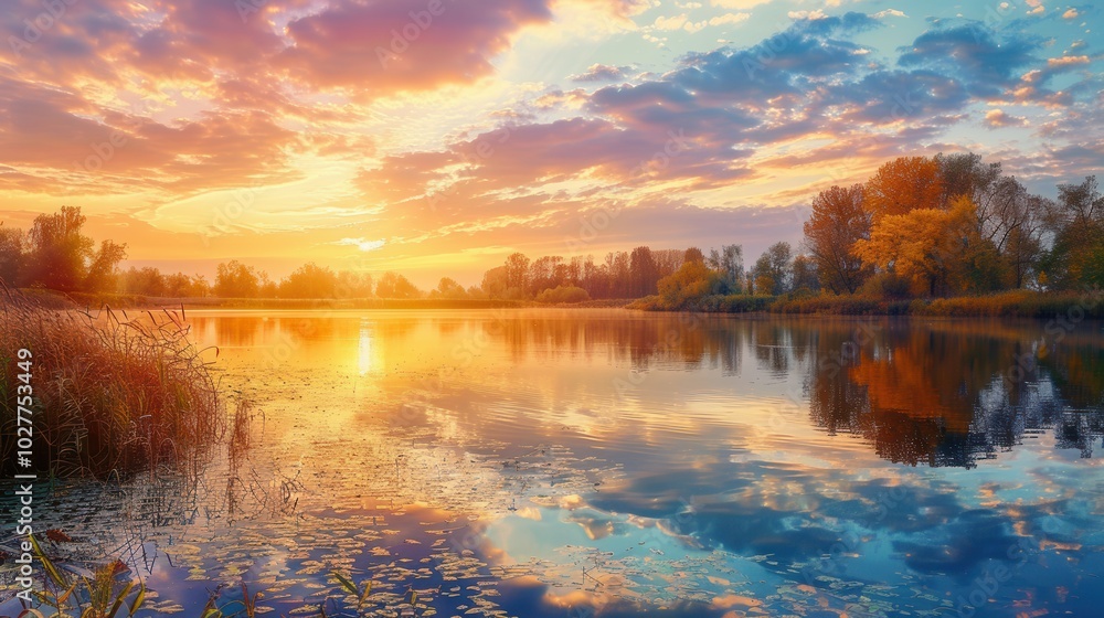 Canvas Prints The sky glows with fiery hues of orange and purple as the sun sets, reflecting on the tranquil waters bordered by autumn foliage. Generative AI