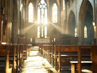 Fototapeta premium Sunbeams Illuminating Church Interior With Wooden Pews and Stained Glass Windows
