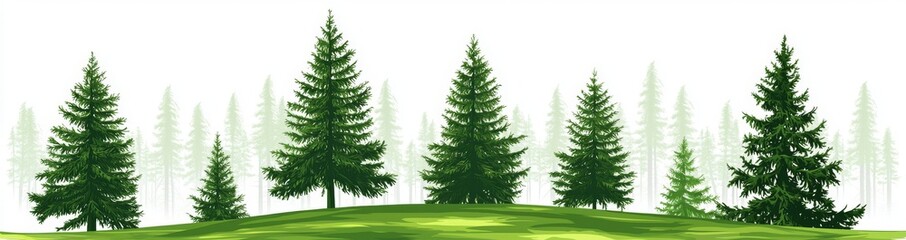 Obraz premium An abstract woods flora decor in modern style with a line of green trees in a row. Installation on a white background with green trees in a row and border decoration.