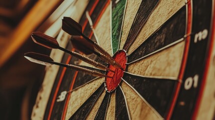 Close-up of a dartboard with multiple darts hitting the center, showcasing achieving business objectives
