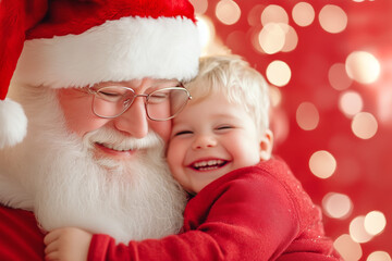 A joyful child embraces Santa Claus at a festive holiday celebration filled with lights