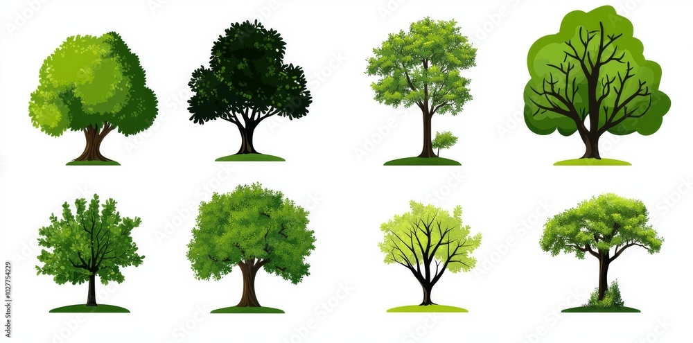 Poster drawing of a silhouette tree, side view, a set of graphics trees elements outline symbols for archit