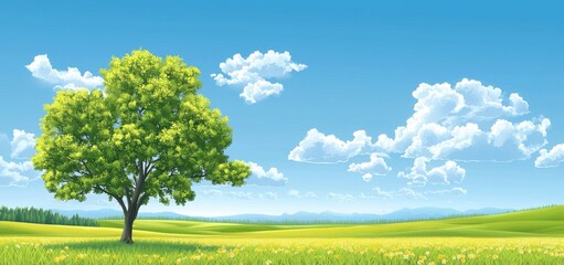 The image is of a single tree on mustard yellow field with a blue sky surrounded by a peaceful natural setting, Stock