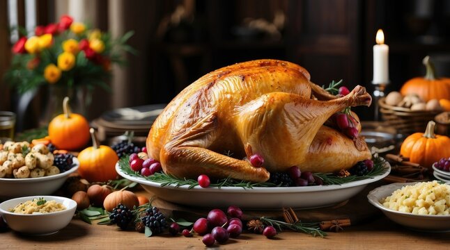 an image of a thanksgiving dinner table with a turkey, pie, and other, victorian thanksgiving feast, vegetables on table and candle, istock
